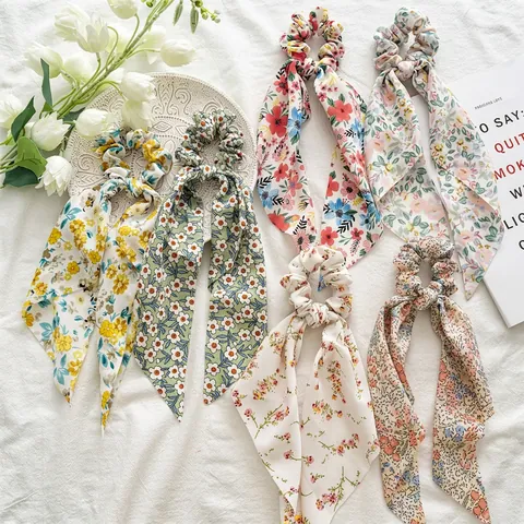 Floral Print Hair Scrunchies With Long Ribbon Chiffon Fabric Sweet French Style Ponytail Holder For Women Girls