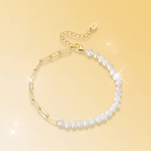 S925 Sterling Silver Freshwater Baroque Pearl Bracelet For Women Paperclip Chain Splice Design Elegant Jewelry Accessory Gift
