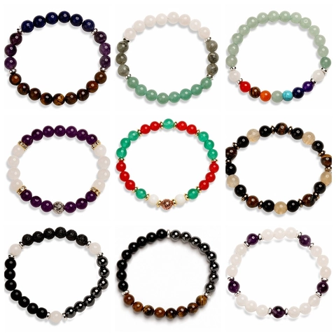 Pulsera De Cuentas De Piedra Natural Ojo De Tigre Amatista Lapis Lázuli Elástica Curación Unisex