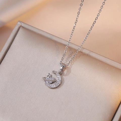 Star Moon Planet Pendant Necklace Titanium Steel With Zircon Inlay Double Layer Fashion Jewelry For Women