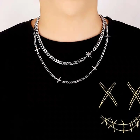 Double Layered Star Pendant Necklace Men Titanium Steel Cuban Chain Hip Hop Trendy Jewelry With Rhinestones