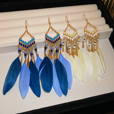 Bohemian Feather Tassel Dangle Drop Earrings With Alloy Seed Beads And Steel Earring Post Ethnic Vintage Style Jewelry
