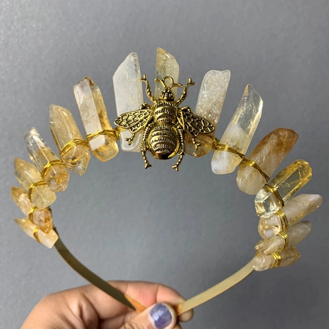 Natural Citrine Raw Crystal Crown Headband With Golden Moon Bee Star Ornament Handmade Bohemian Fairy Tiara For Party