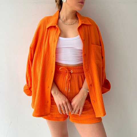 Women Casual Crinkled Cotton Outfit Top And Bottom Long Sleeve Lapel Shirt High Waisted Drawstring Shorts Vacation Lounge Wear