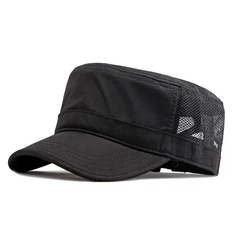 Unisex Mesh Breathable Cadet Cap Sun Protection Quick Dry Adjustable Retro Flat Top Military Hat Outdoor Casual Trucker Hat