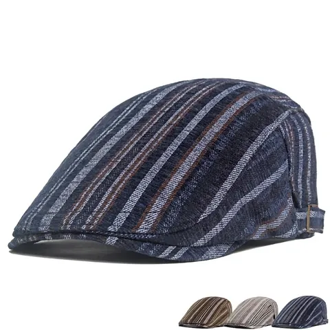 Heren Gestreepte Platte Pet 100% Katoen Verstelbare Britse Retro Warme Newsboy Ivy Hoed Winter