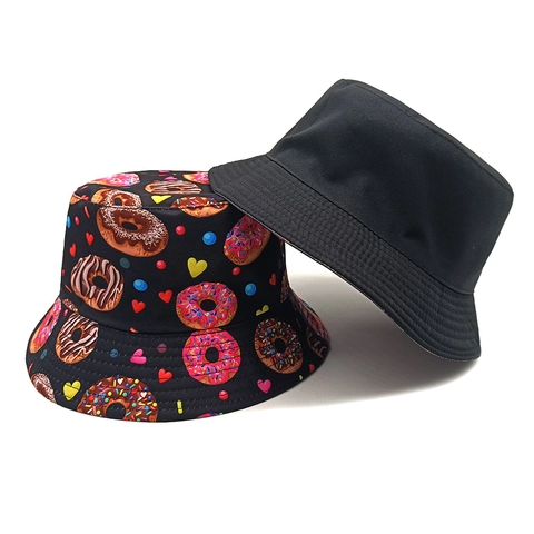 Omkeerbare Vissershoed Polyester Donut Hart Print Opvouwbaar Zonbescherming Zonnehoed Unisex