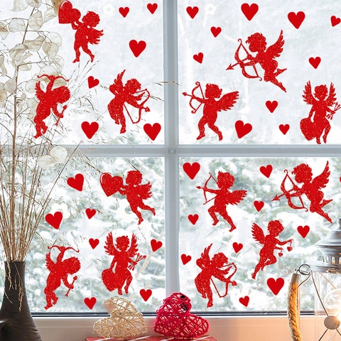 Autocollants Muraux Cupidon Et Cœur À Paillettes Rouges PVC Autocollant Décoration Saint Valentin Pour Fête Romantique Maison