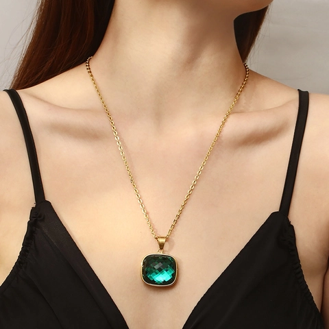 Ciondolo Quadrato Pietra Preziosa Retrò Acciaio Inossidabile Placcato Oro Cristallo Vetro Gioielli Donna Elegante Lusso