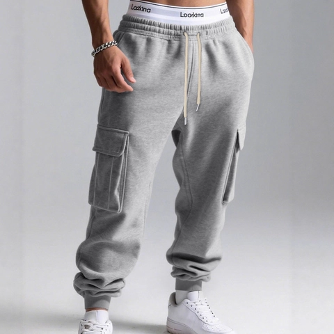 Men's Cargo Jogger Sweatpants Solid Color Polyester Fleece Lining Drawstring Elastic Waist Casual Streetwear Pants