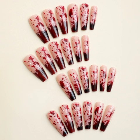 Halloween Kunstnägel Zum Aufkleben Blutspritzer Lange Sargform Falsche Nägel Nude Rot Sweet Cool Style DIY Maniküre