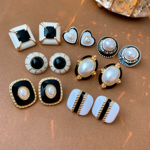 French Vintage Enamel Artificial Pearl Earrings Alloy Geometric Studs With 925 Sterling Silver Earring Post For Women