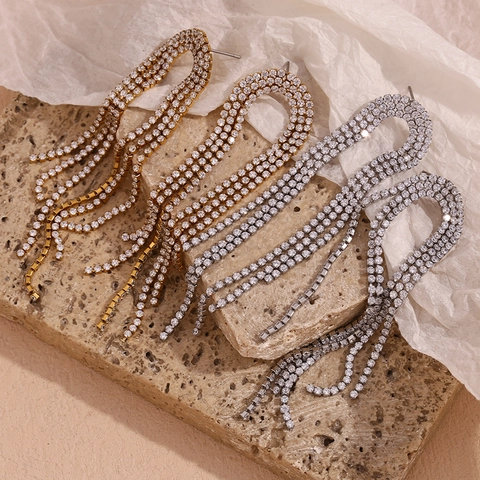Orecchini a Nappina ad Arco in Acciaio Inossidabile Placcato Oro 18K Strass Pavé Orecchini Lunghi Pendenti per Donna Gioielli Moda Party