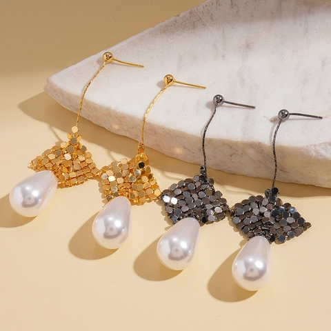 Hängeohrringe Für Damen 18K Vergoldetes Kupfer Paillettennetz Tropfenform Künstliche Perlenimitat 925 Sterling Silver Earring Post