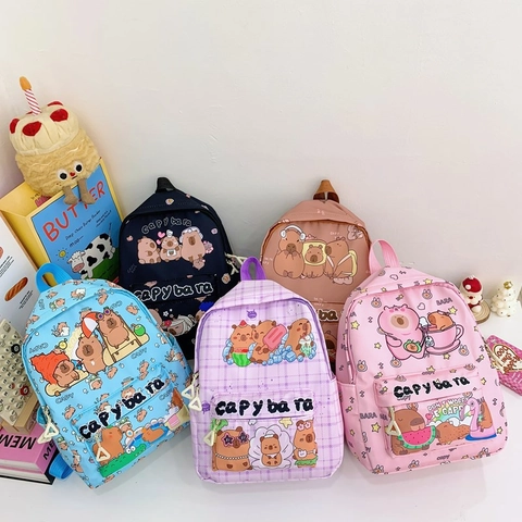 Kids Backpack Cute Cartoon Capybara Printed Nylon Lightweight School Bag For Toddlers Kindergarten Boys Girls