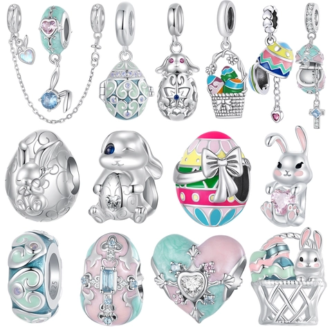 925 Sterling Silver Easter Bunny Egg Charm Enamel Zircon DIY Bead For Bracelet Necklace Jewelry Accessory Novelty