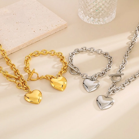 Women Stainless Steel Jewelry Necklace Bracelet Heart Pendant Chunky O Chain OT Toggle Clasp Exaggerated Fashion Trendy