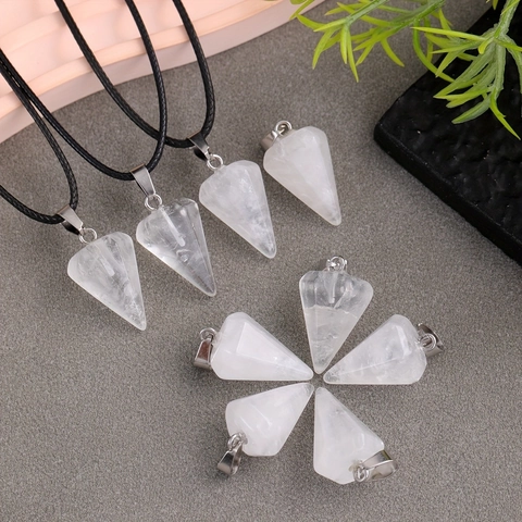 Hexagonal Pillar Pendant Necklace Natural White Crystal Faceted Cone Bullet Point Healing Stone Jewelry For Women Men