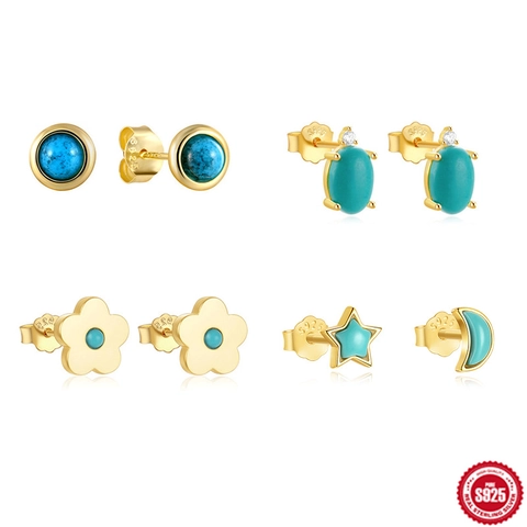 Minimalist Stud Earrings With 925 Sterling Silver Earring Post Turquoise Zirconia Flower Moon Star Shape Retro For Women