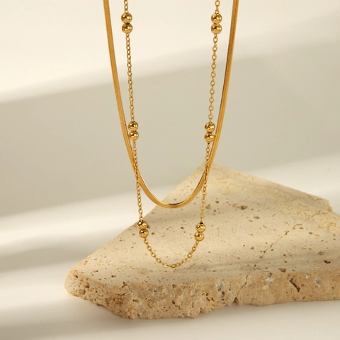 Minimalist Layered Necklace Stainless Steel Gold Plated Snake Chain And Bead Chain Jewelry For Women