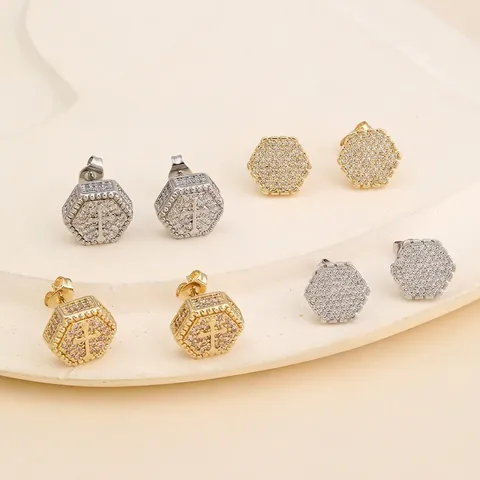 Hip-Hop Hexagon Kreuz Strass Ohrstecker Für Damen Herren Kupfer Galvanisiert Geometrisch Gold Silber Trendiger Schmuck