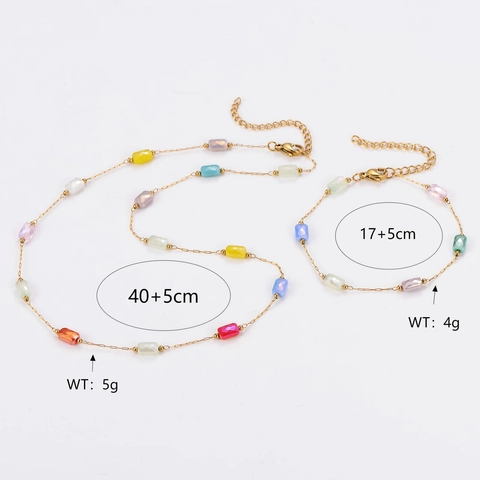 Collier Et Bracelet En Acier Inoxydable Plaqué Or 18K Avec Perles En Verre De Cristal Carrées Colorées Style Doux