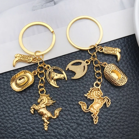 Portachiavi Vintage Western Cowboy in Lega di Zinco Antico Oro Argento Ciondolo Cavallo Cappello Ferro di Cavallo Stivale Portachiavi