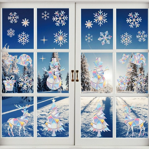 Adesivi Finestra Natale Olografici Statici PVC Motivo Fiocco Neve Renna Effetto Prisma Arcobaleno Decorazione Casa