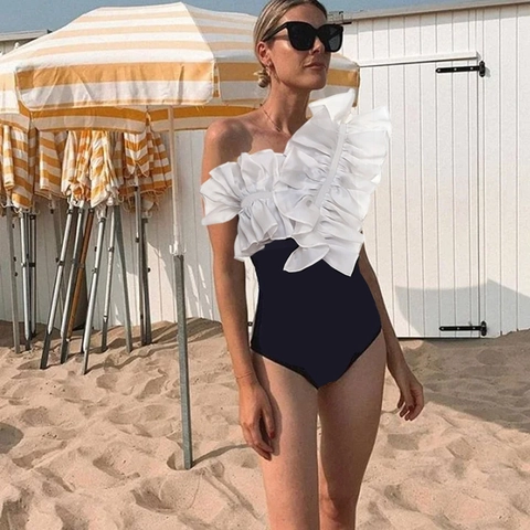 Women Monokini Swimwear Off Shoulder Ruffle Contrast Color Mesh Patchwork Elegant Vintage Beachwear Swimsuit