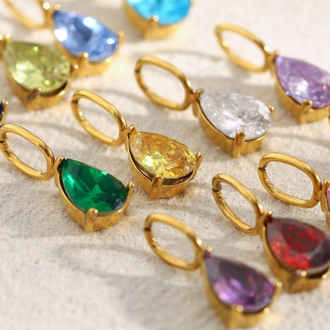 Pendenti Goccia Acqua Acciaio Inossidabile Placcato Oro 18K Charms Pietra Nascita Per DIY Creazione Gioielli Zirconia Colorata Forma Pera