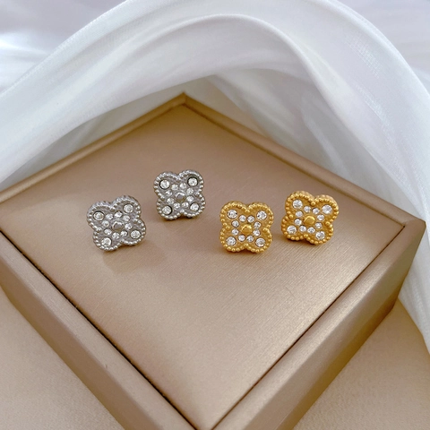 Titanium Steel Four Leaf Clover Stud Earrings With Zircon Inlaid Minimalist Elegant Style Jewelry For Women Party