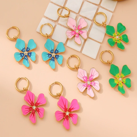 Blumen Hoop Ohrringe Für Damen Edelstahl 18K Vergoldet Emaille Strass Fünf Blütenblätter Süßer Modeschmuck
