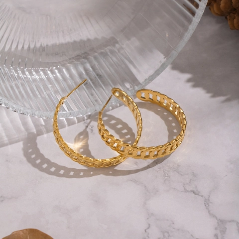 Chunky Cuban Chain Hoop Earrings 304 Stainless Steel Gold Plated Waterproof Hypoallergenic C Shape Hollow Jewelry For Women