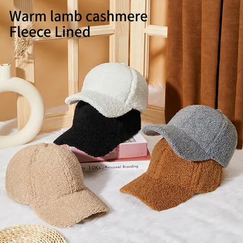 Winter Baseball Cap Warm Teddy Fleece Hat Windproof Adjustable Soft Outdoor Casual Solid Color Unisex