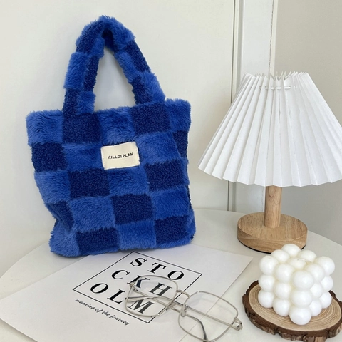 Borsa A Mano Tote In Peluche A Scacchi Pelliccia Sintetica Piccola Borsa A Secchiello Quadrata Stile Ins Coreano Casual Per Donne