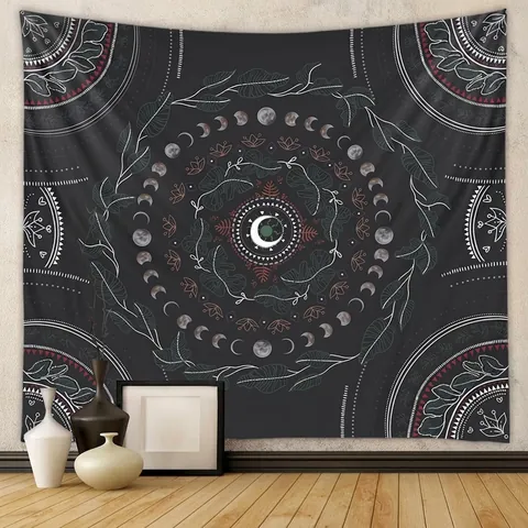 Moon Phase Mandala Tapestry Bohemian Mystical Wall Hanging Polyester Fabric Botanical Leaf For Bedroom Living Room Decor