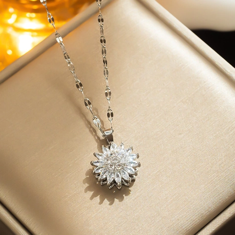 Collana Ciondolo Girasole Rotante Acciaio Inossidabile Strass Margherita Rotante Gioielli Per Donna Elegante Moda