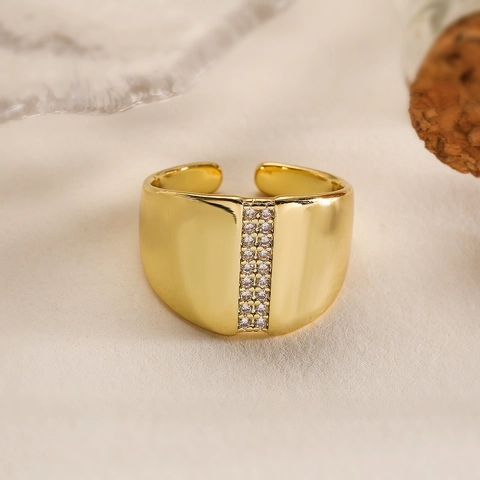 Women Gold Plated Copper Ring Geometric Wide Band Adjustable Open Ring With Micro Pave Zircon Stylish Jewelry