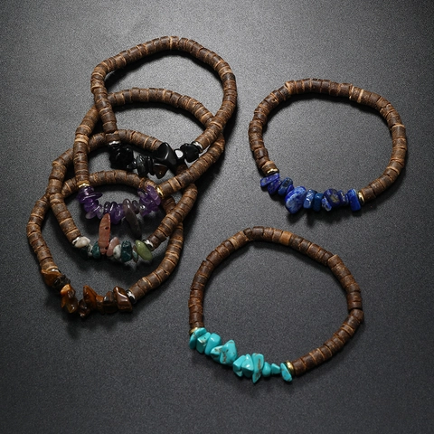 Bracciale Perline Legno Pietra Naturale Boho Vintage Guscio Di Cocco Elastico Gioielli Etnici Artigianali Uomo Donna