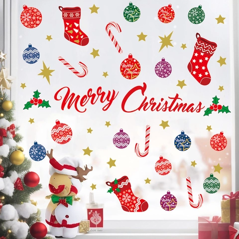 Pegatinas De Pared De Navidad PVC Letras Merry Christmas Calcetines Bastones De Caramelo Bolas Calcomanías Estáticas Ventana