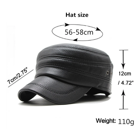 Men PU Leather Flat Top Cadet Hat With Foldable Ear Flaps Warm Winter Windproof Outdoor Peaked Cap Black