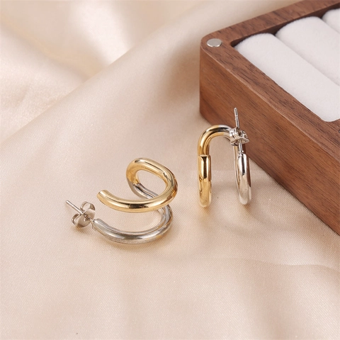 Orecchini A Cerchio A U Acciaio Inossidabile Oro E Argento Bicolore Metallo Misto Lucidato Gioielli Minimalisti Da Donna