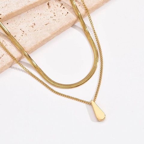 Minimalist Double Layer Necklace Stainless Steel Water Drop Pendant Herringbone Snake Chain Trendy Jewelry For Women
