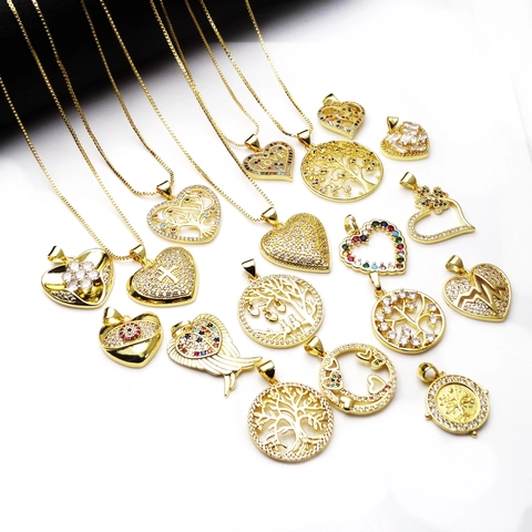 Copper Necklace Gold Plated Micro Pave Zircon Heart Tree Of Life Pendant Box Chain Elegant Jewelry For Women