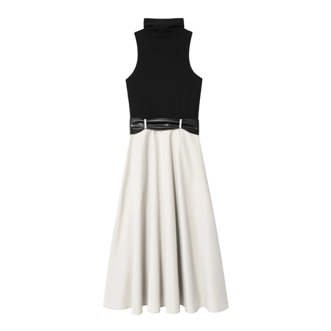Vestido Midi Sin Mangas Con Cuello Alto Y Cinturón Elegante Ajuste Estrecho Oficina Mujer Mezcla Poliéster Botones