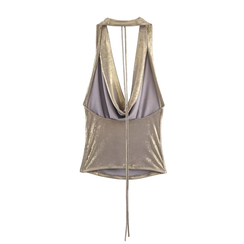 Halter Neck Top Metallic Texture Shiny Backless Drape Neck Slim Fit Party Clubwear For Women