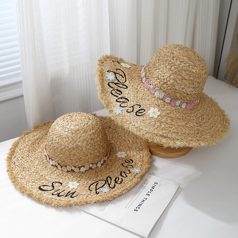 Cappello Da Sole Donna In Paglia Di Carta Con Ricamo E Fiori Tesa Larga Per Spiaggia E Vacanze Estate