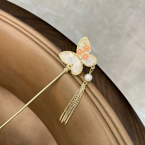 Horquilla De Pelo Vintage Estilo Chino De Aleación Con Flor Mariposa Borla Y Perla Artificial De Imitación Mujer Hanfu