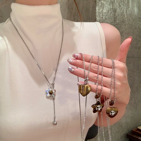Collana Con Ciondolo In Pietra Occhio Di Tigre Catena In Lega Forme Cuore Croce Stella Gioielli Etnici Vintage Donna