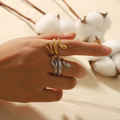Stainless Steel Ring 18K Gold Plated Snake Heart Geometric Adjustable Open Fashion Jewelry For Women